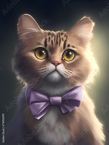 Portrait of a serious young cat in a bow tie. Illustration