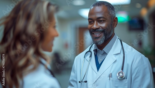 Doctor talking to pharmaceutical sales representative, shaking hands. Hospital manager talking with female doctor. Banner with copyspace