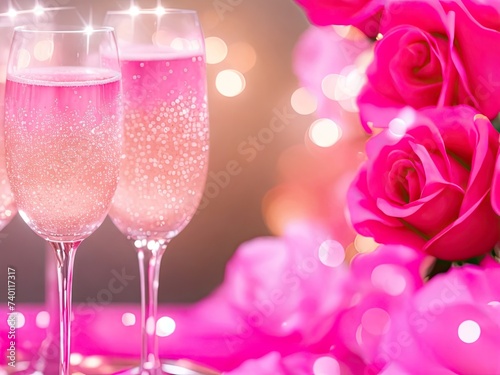 Close-up of pink rose champagne glasses with bokeh lights in the background.