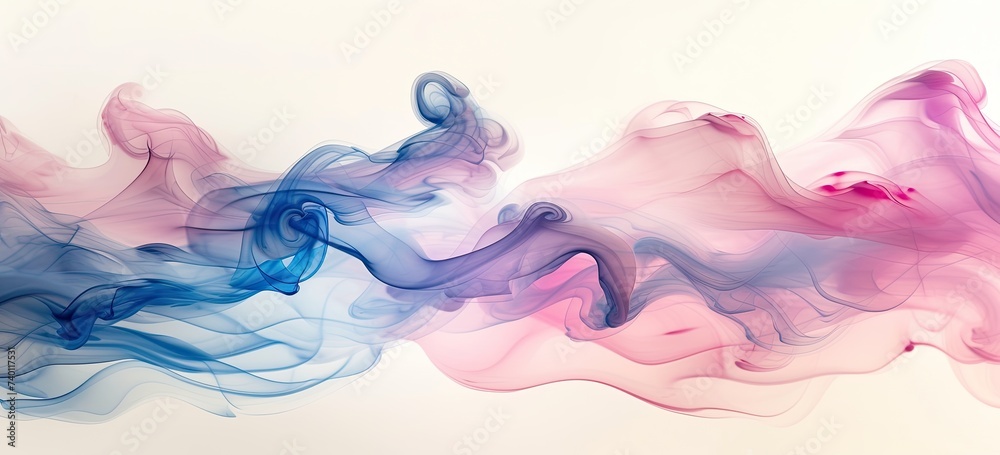 Surreal misty composition: delicate wisps of blue and pink smoke swirling on white backdrop. Generated by ai. - obrazy, fototapety, plakaty 