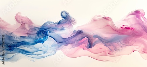 Surreal misty composition: delicate wisps of blue and pink smoke swirling on white backdrop. Generated by ai.