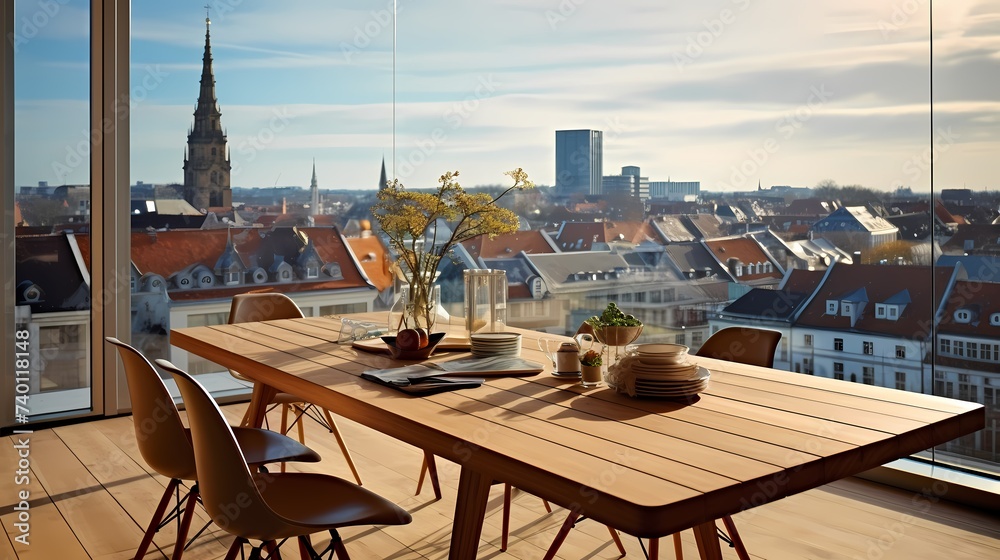 Copenhagen dining area with a teak dining table, Eames chairs, and a large window framing the picturesque city view