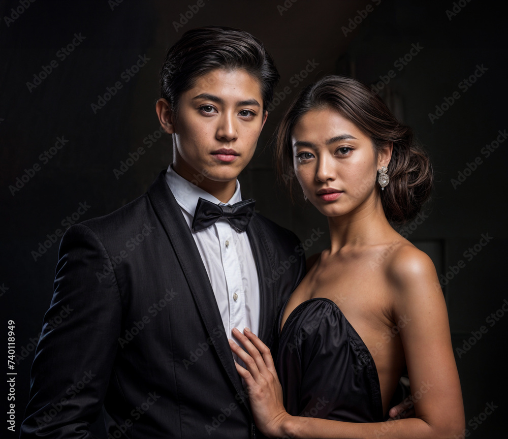 Two asian young couple portrait, glamorous hollywood portraits, light white and dark gray, romantic charm, elegantly formal.