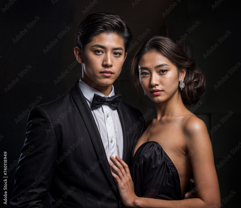Two asian young couple portrait, glamorous hollywood portraits, light white and dark gray, romantic charm, elegantly formal. Two asian young couple portrait, glamorous hollywood portraits, light white and dark gray, romantic charm, elegantly formal.