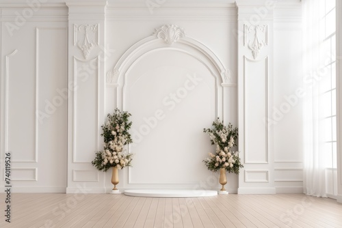 Wedding backdrop white aesthetic flower indoor studio minimalist ornament background