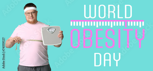 Overweight man with scales ...
