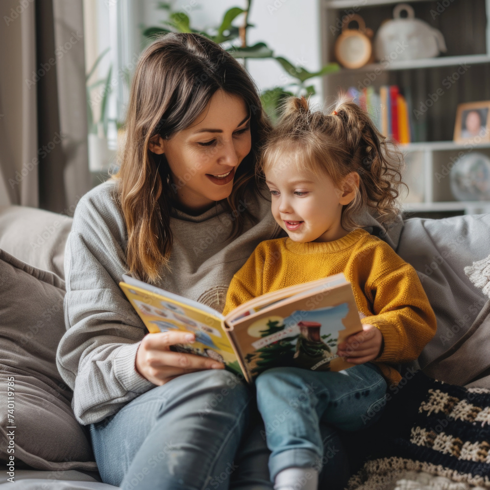Mother is sitting on a sofa with her daughter and reading a book to her
