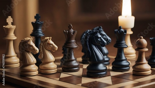 A set of hand-carved chess pieces on a board, their intricate details captivating, the candlelight setting the stage for strategic battles