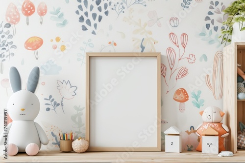 Whimsical Wall Art Mockup with Playful Motifs and Patterns Showcase Your Creativity with a Blank Frame