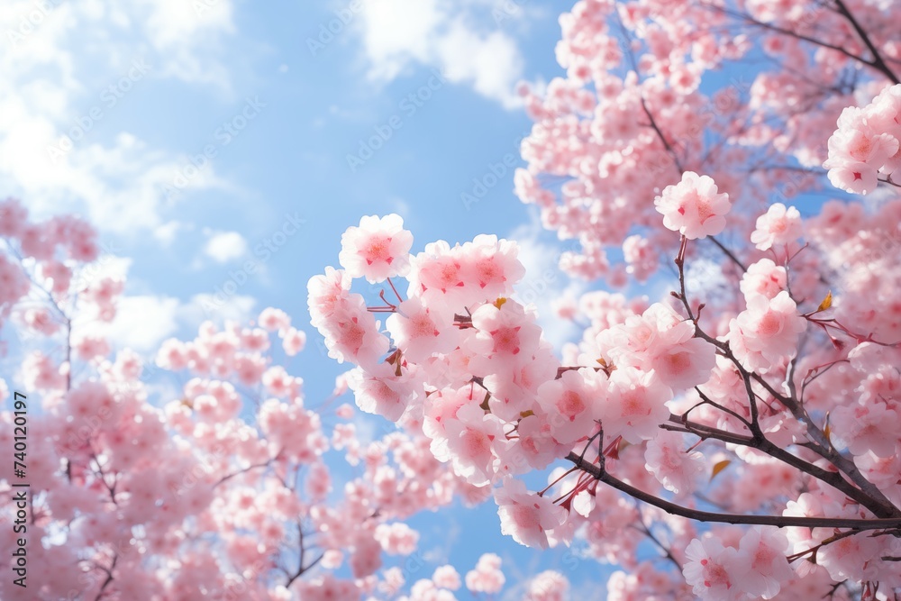 Beautiful sakura trees view on blue sky background Beautiful sakura trees view on blue sky background