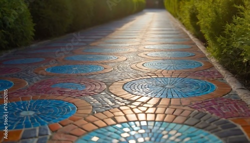 A vibrant, mosaic stepping stone in a garden path