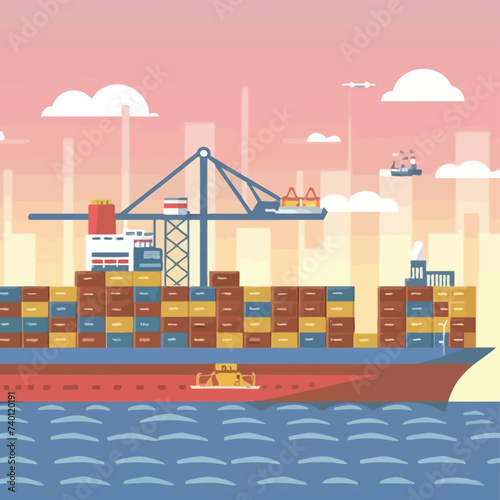 2d vector illustration colorful Land and sea transport techniques, methods and technological tools for transporting and shipping goods and products and logistic 

