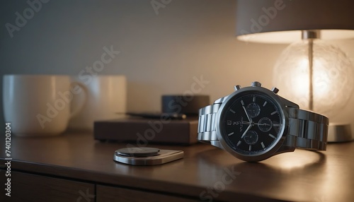 A sleek, stainless steel watch on a bedside table
