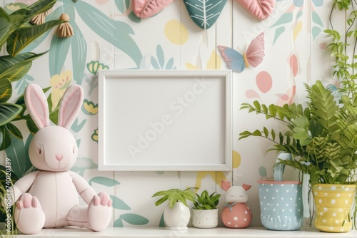 Whimsical Wall Art Mockup with Playful Motifs and Patterns Showcase Your Creativity with a Blank Frame