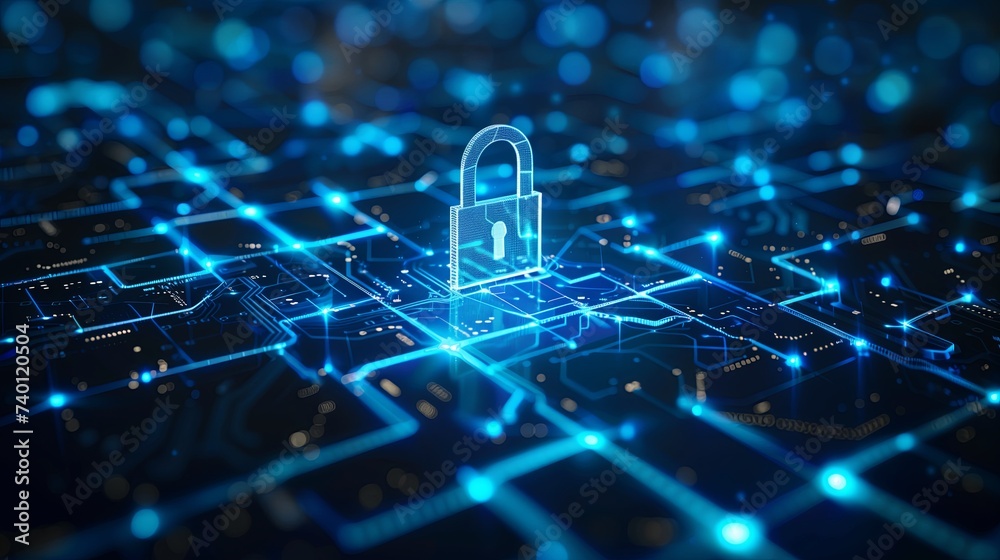 Cyber security concept. Blue lock symbol, point connecting network on blue background. Global connection. data safety.