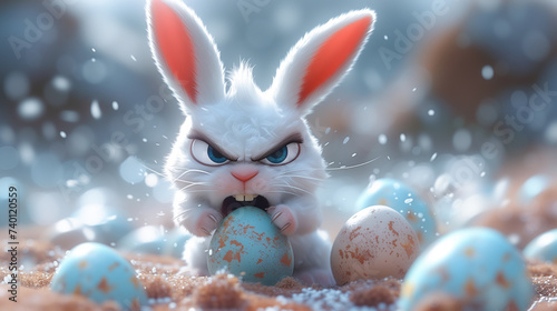 Scarily cute and vicious white Easter bunny ferociously guarding his eggs. photo