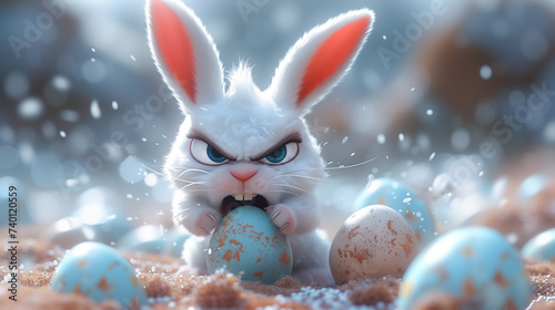 Scarily cute and vicious white Easter bunny ferociously guarding his eggs.