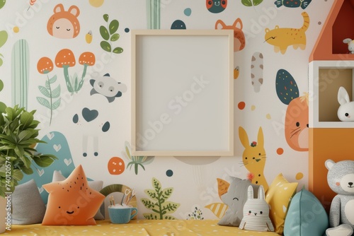 Whimsical Wall Art Mockup with Playful Motifs and Patterns Showcase Your Creativity with a Blank Frame