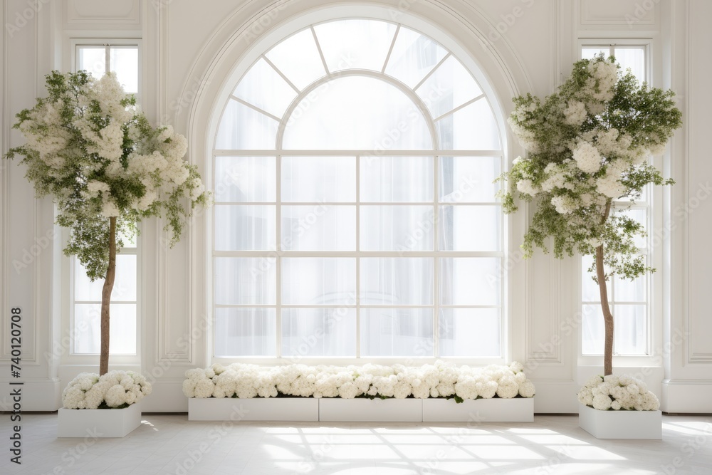 Wedding backdrop white aesthetic flower indoor windowed studio minimalist ornament background Wedding backdrop white aesthetic flower indoor windowed studio minimalist ornament background