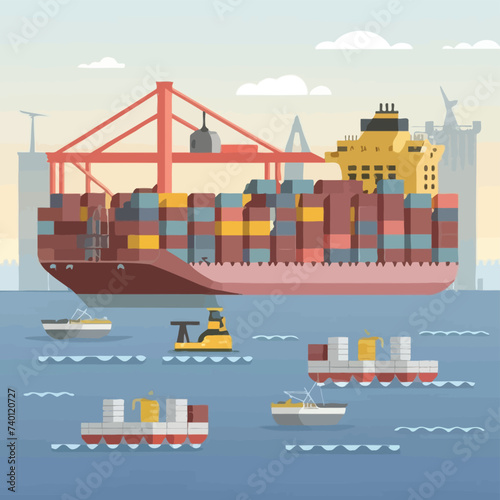 2d vector illustration colorful Land and sea transport techniques, methods and technological tools for transporting and shipping goods and products and logistic 

