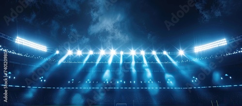 This captivating low angle shot showcases a stadium filled with an impressive display of bright blue lights, illuminating the night sky.