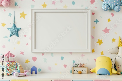 Whimsical Wall Art Mockup with Playful Motifs and Patterns Showcase Your Creativity with a Blank Frame