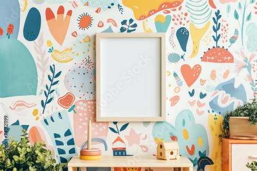 Whimsical Wall Art Mockup with Playful Motifs and Patterns Showcase Your Creativity with a Blank Frame