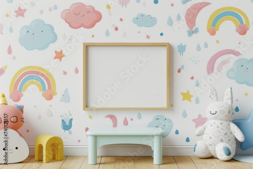 Whimsical Wall Art Mockup with Playful Motifs and Patterns Showcase Your Creativity with a Blank Frame