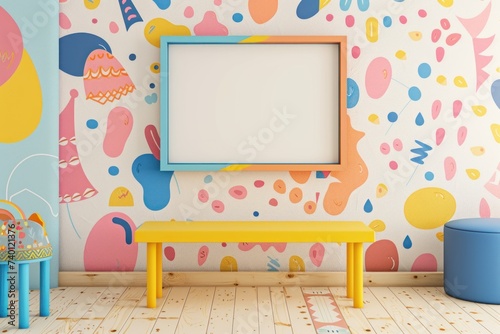 Whimsical Wall Art Mockup with Playful Motifs and Patterns Showcase Your Creativity with a Blank Frame