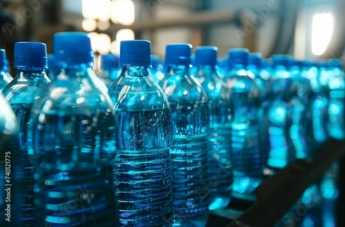 Efficient Production Line - Blue Water Bottles Flowing in a Beverage Manufacturing Facility