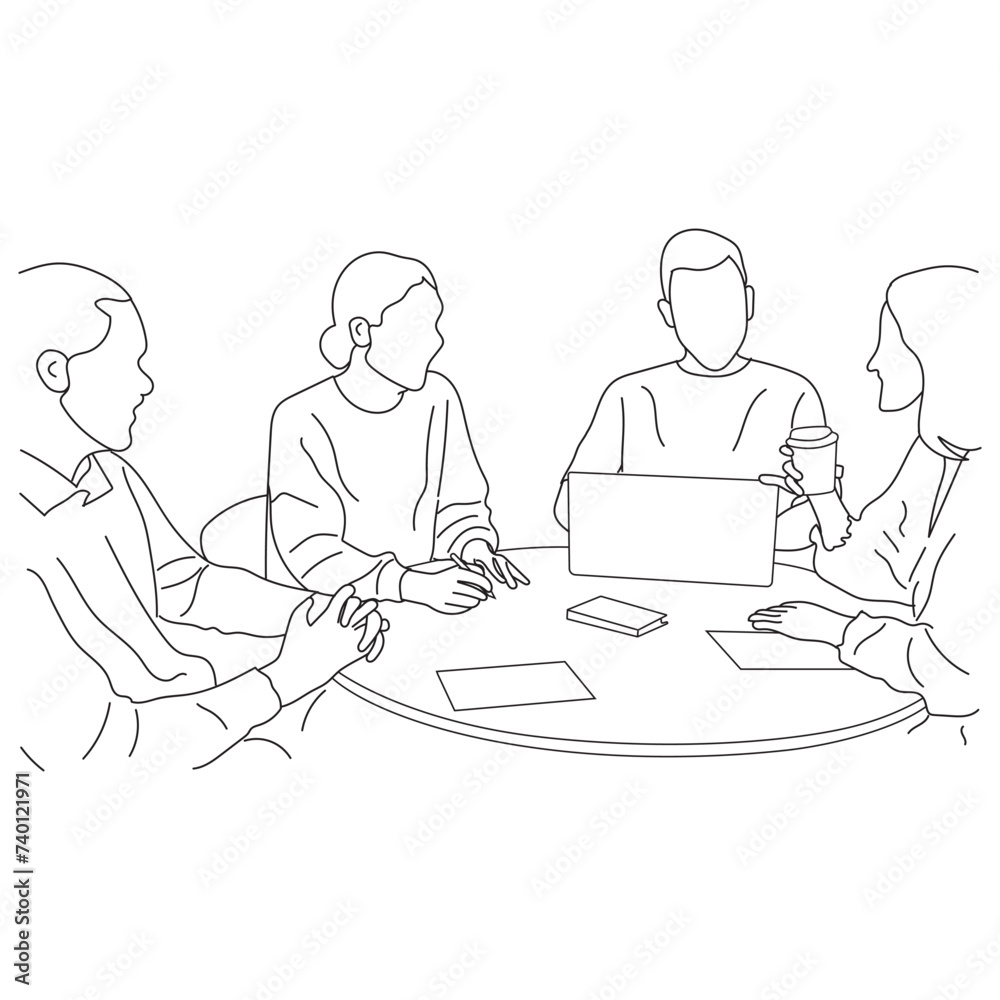 Business meeting discussion between workers in the office hand drawn vector illustration line art design.
