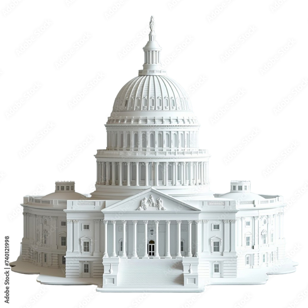 3D rendered white Capitol Building on transparent background, neoclassical architecture.