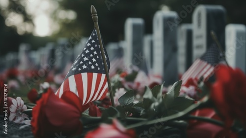 American Flag and Flowers in Cemetery