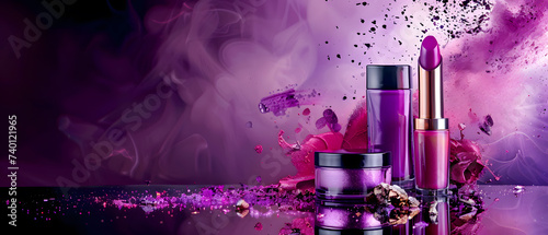 Cosmetics banner in shades of purple, with lipstick, cream, and a smoky backdrop. photo
