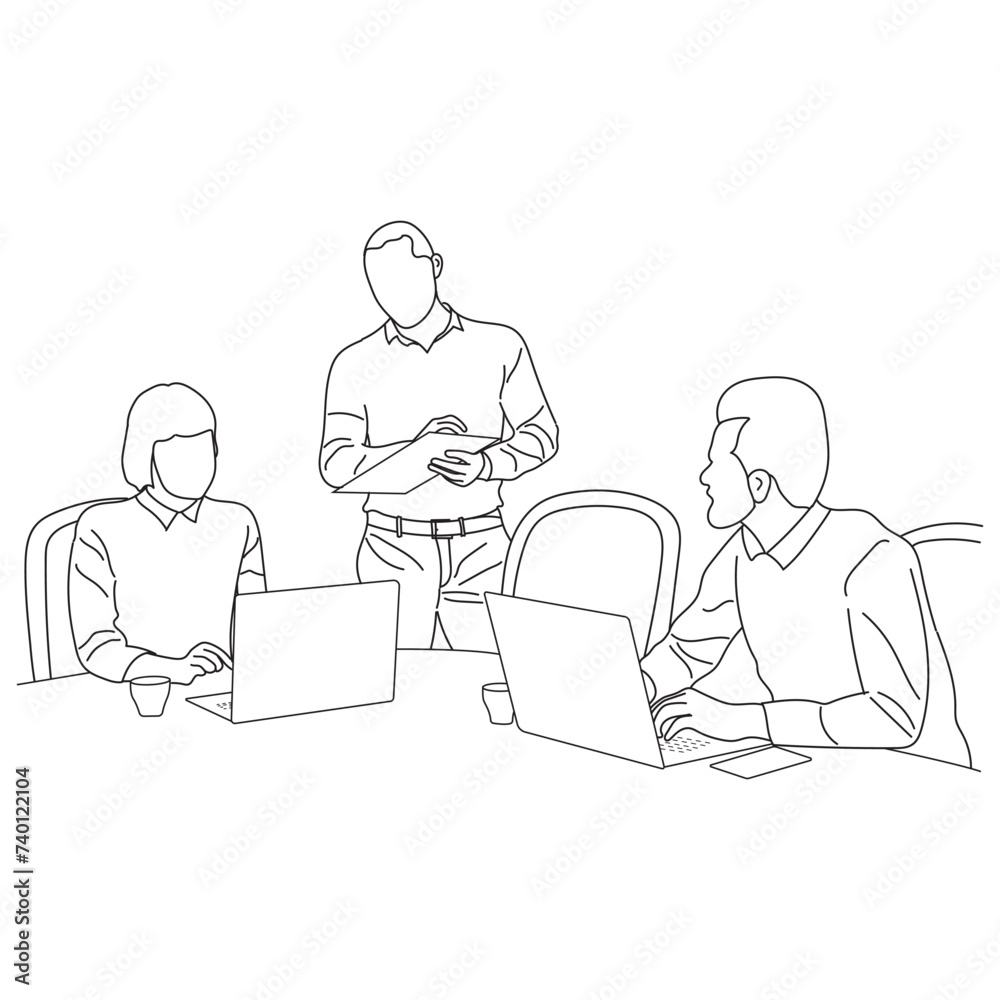 Business meeting discussion between workers in the office hand drawn vector illustration line art design.
Business meeting discussion between workers in the office hand drawn vector illustration line art design.