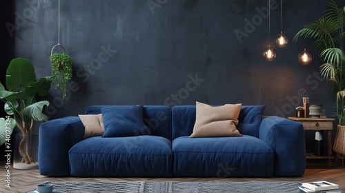Mock up interior. Navy blue sofa in the living room. Ai generated image