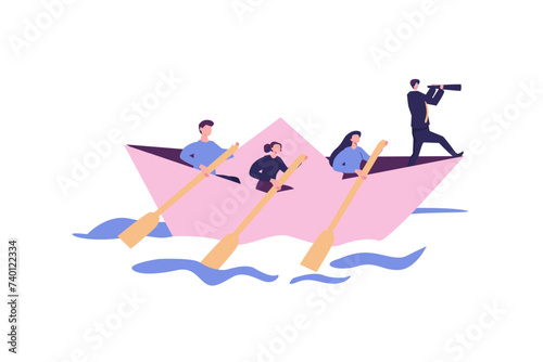 Leadership to lead business in crisis, teamwork or support to achieve target, vision or forward strategy for success concept, businessman leader with binoculars lead business team sailing origami ship