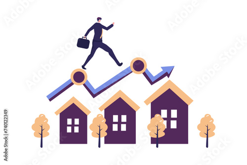 Housing price rising up, real estate or property growth concept, businessman running on rising green graph on house roof.
