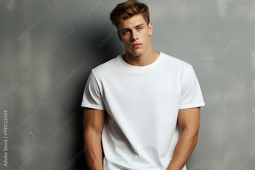 Portrait Shoot: Model in Basic T-Shirt Posing Against Wall. Concept Portrait Photography, Model Posing, Basic T-Shirt Outfit, Wall Background, Indoor Photoshoot Portrait Shoot: Model in Basic T-Shirt Posing Against Wall. Concept Portrait Photography, Model Posing, Basic T-Shirt Outfit, Wall Background, Indoor Photoshoot