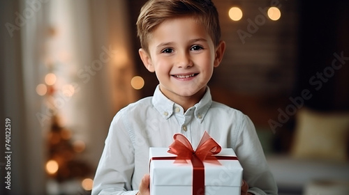 cute little boy with gift at home