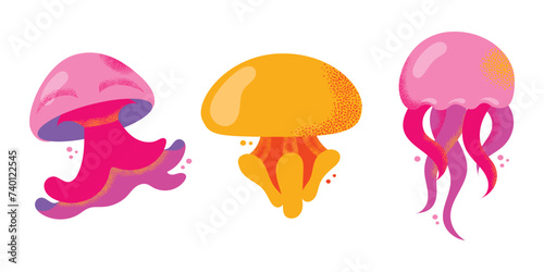 Collection of gorgeous marine animals jellyfish isolated on white background. Bundle sea jellies medusa of various types. Ocean fauna, aquatic creatures. Flat cartoon colorful vector illustration. © Александра Симкина