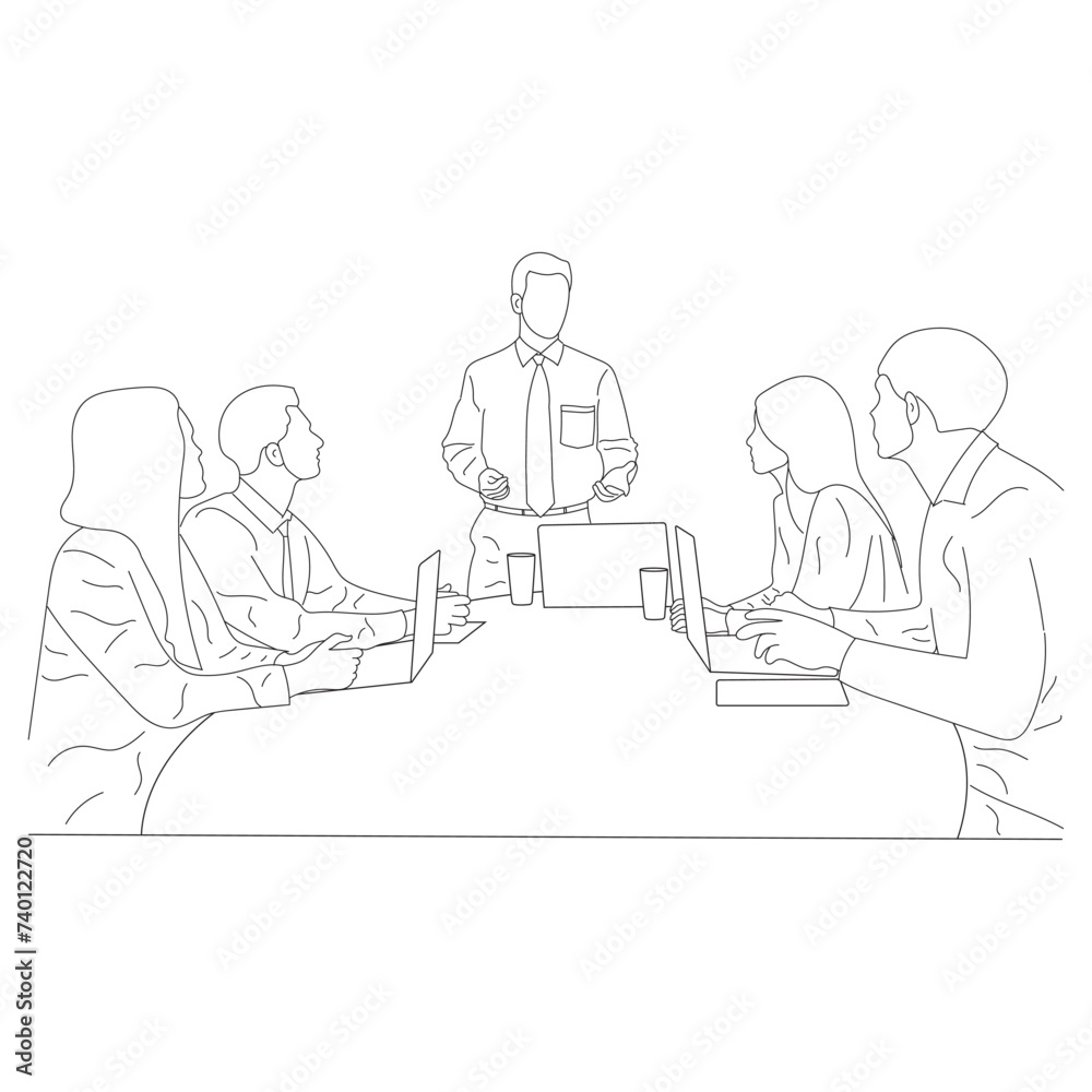 Business meeting discussion between workers in the office hand drawn vector illustration line art design.
