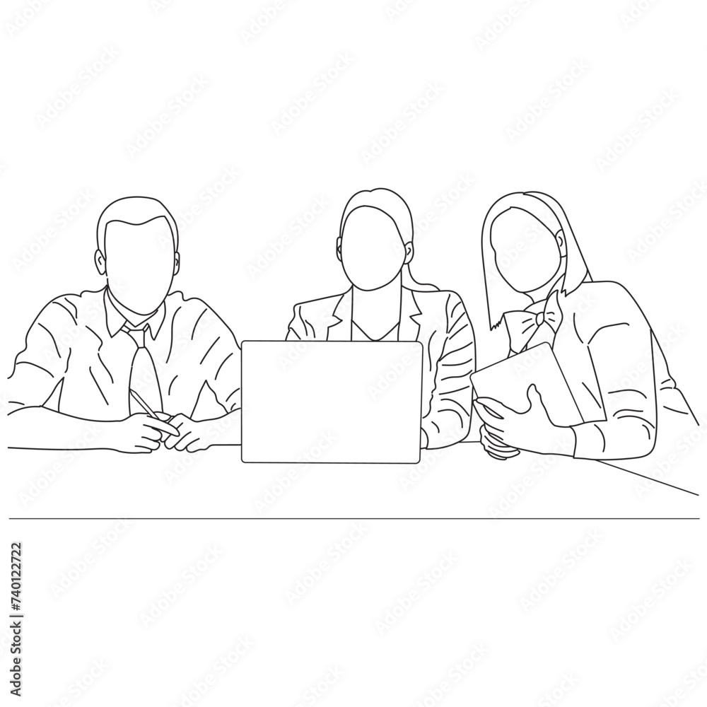 Business meeting discussion between workers in the office hand drawn vector illustration line art design.
Business meeting discussion between workers in the office hand drawn vector illustration line art design.
