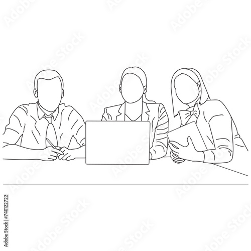 Business meeting discussion between workers in the office hand drawn vector illustration line art design. 