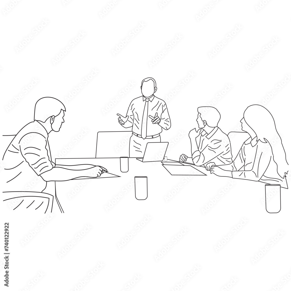 Business meeting discussion between workers in the office hand drawn vector illustration line art design.
