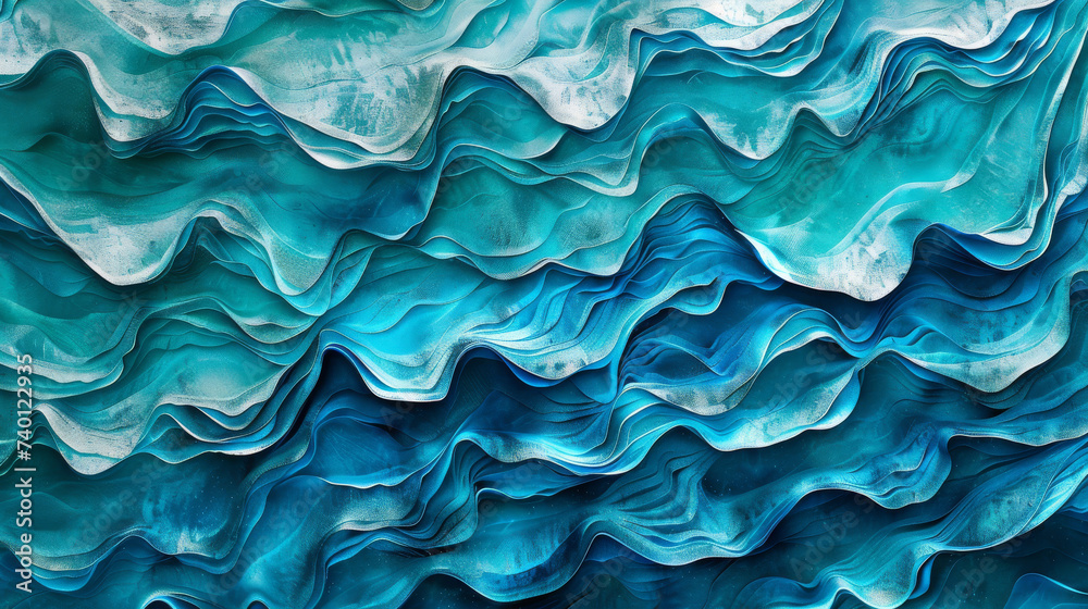 abstract watercolor painting depicting the crashing waves of the sea in a spectrum of blues.