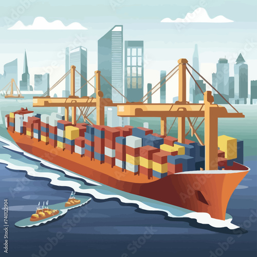 2d vector illustration colorful Land and sea transport techniques, methods and technological tools for transporting and shipping goods and products and logistic 

