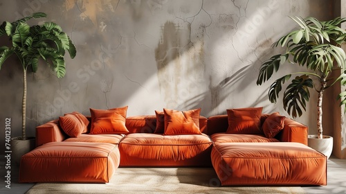 Mock up interior. Terracotta sofa in the living room. Ai generated image