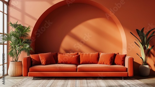 Mock up interior. Terracotta sofa in the living room. Ai generated image