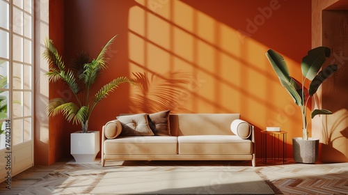 Mock up interior. Terracotta sofa in the living room. Ai generated image